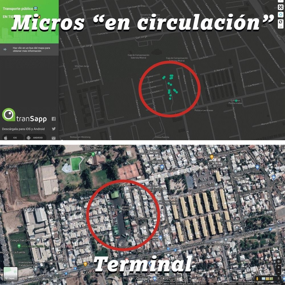 JulianMaciasT's tweet photo. 🚌 La aplicación Transapp geolocaliza los autobuses que están en circulación en Chile. Estas son algunas de las capturas de autobuses que deberían estar en ruta, pero estuvieron aparcados. #SueltenLasMicros
#Elecciones2021CL https://t.co/3lA31UVx31