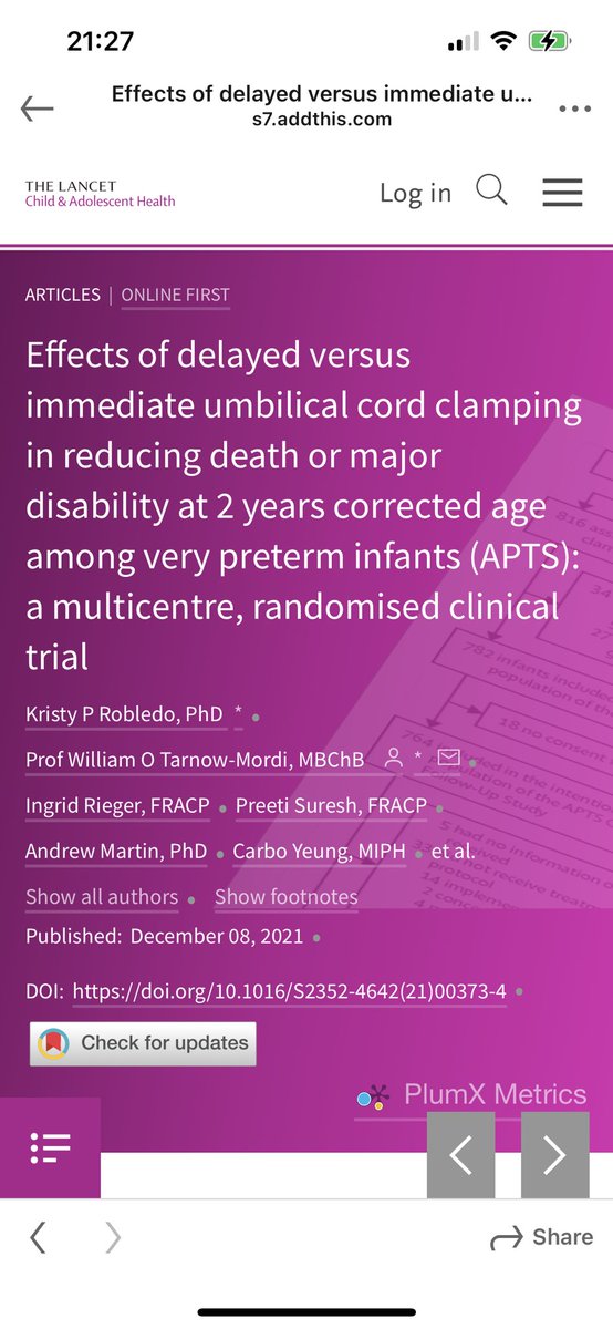 #delayedcordclamlping #preterm <30 weeks 1531 babies (25% multiples) Clamping the umbilical cord at least 60 s after birth reduced the risk of death or major disability at 2 years by 17%, reflecting a 30% reduction in relative mortality with no difference in major disability.