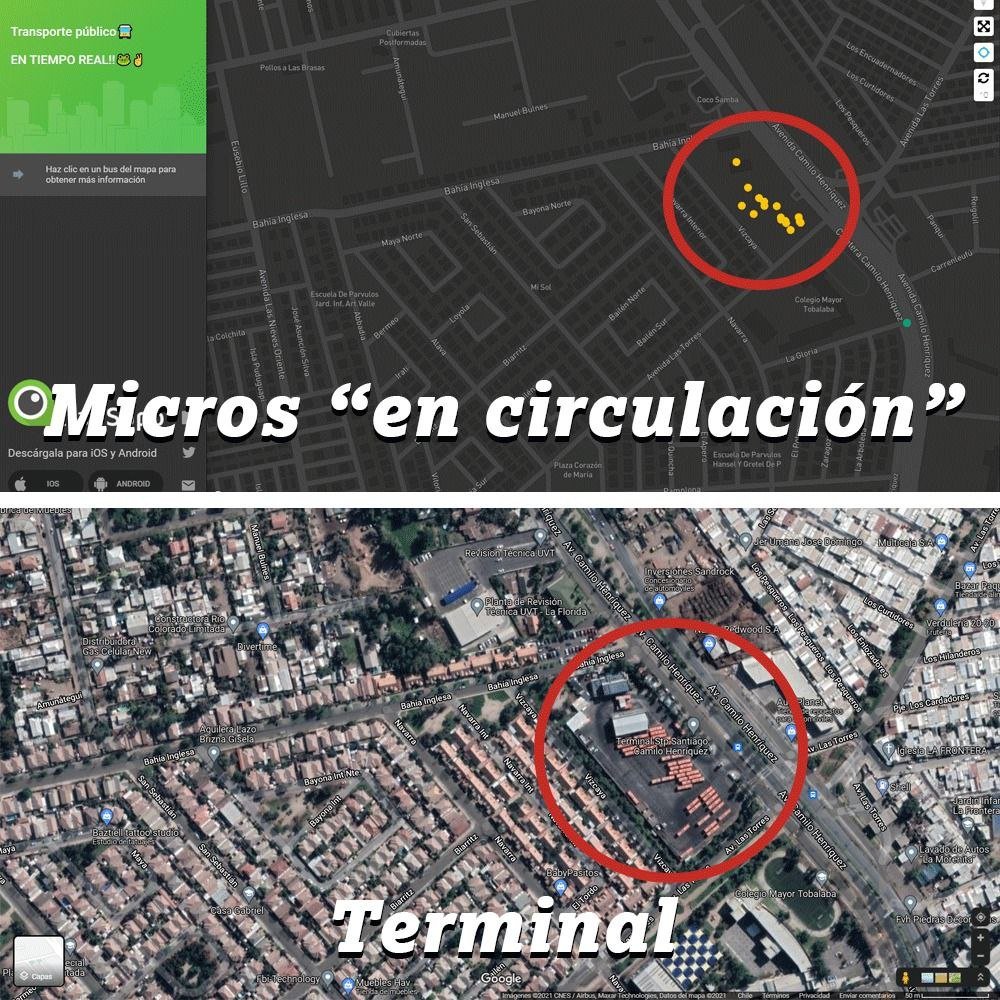 JulianMaciasT's tweet photo. 🚌 La aplicación Transapp geolocaliza los autobuses que están en circulación en Chile. Estas son algunas de las capturas de autobuses que deberían estar en ruta, pero estuvieron aparcados. #SueltenLasMicros
#Elecciones2021CL https://t.co/3lA31UVx31