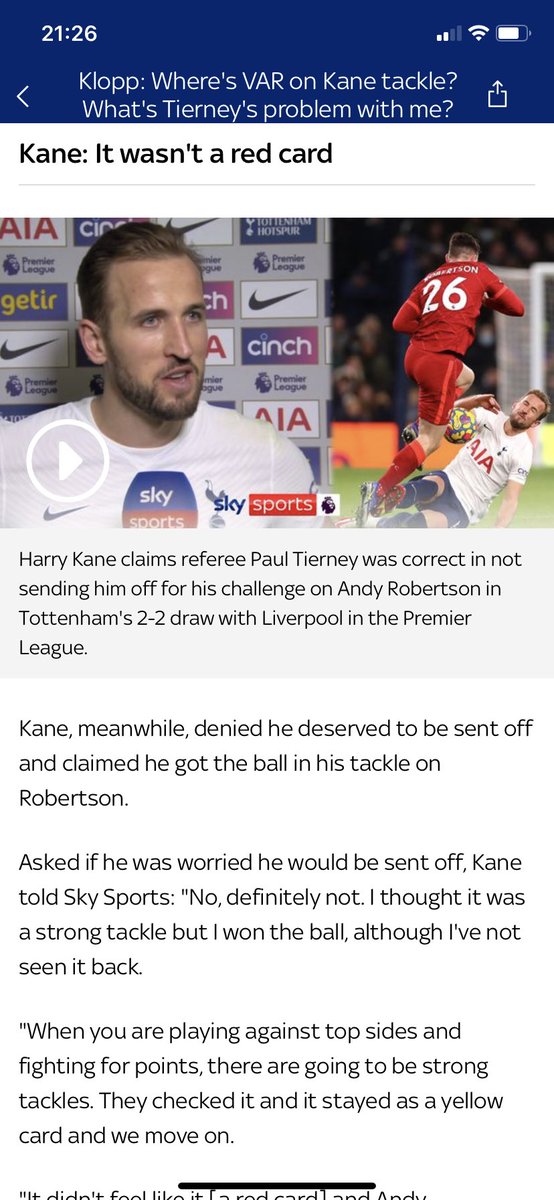 KieronLea's tweet photo. @HKane so your saying you won the ball and it was a strong tackle? If @andrewrobertso5 foot is fully on the ground you snap his ankle and a yellow is fair???? @SkySports @LFC https://t.co/lvSzHpVFEg