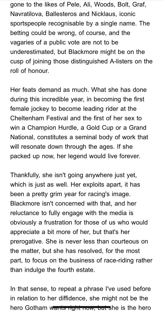 R_Forristal's tweet photo. Wouldn’t normally put members’ club content out there but this was last week’s All Things Ireland email, which puts some context on Rachael Blackmore’s achievement in being recognised by BBC voters as their 2021 World Sports Star. Pele will be honoured. Obviously. https://t.co/8w2jScqrPM