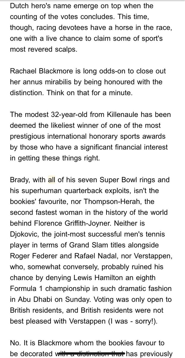 R_Forristal's tweet photo. Wouldn’t normally put members’ club content out there but this was last week’s All Things Ireland email, which puts some context on Rachael Blackmore’s achievement in being recognised by BBC voters as their 2021 World Sports Star. Pele will be honoured. Obviously. https://t.co/8w2jScqrPM
