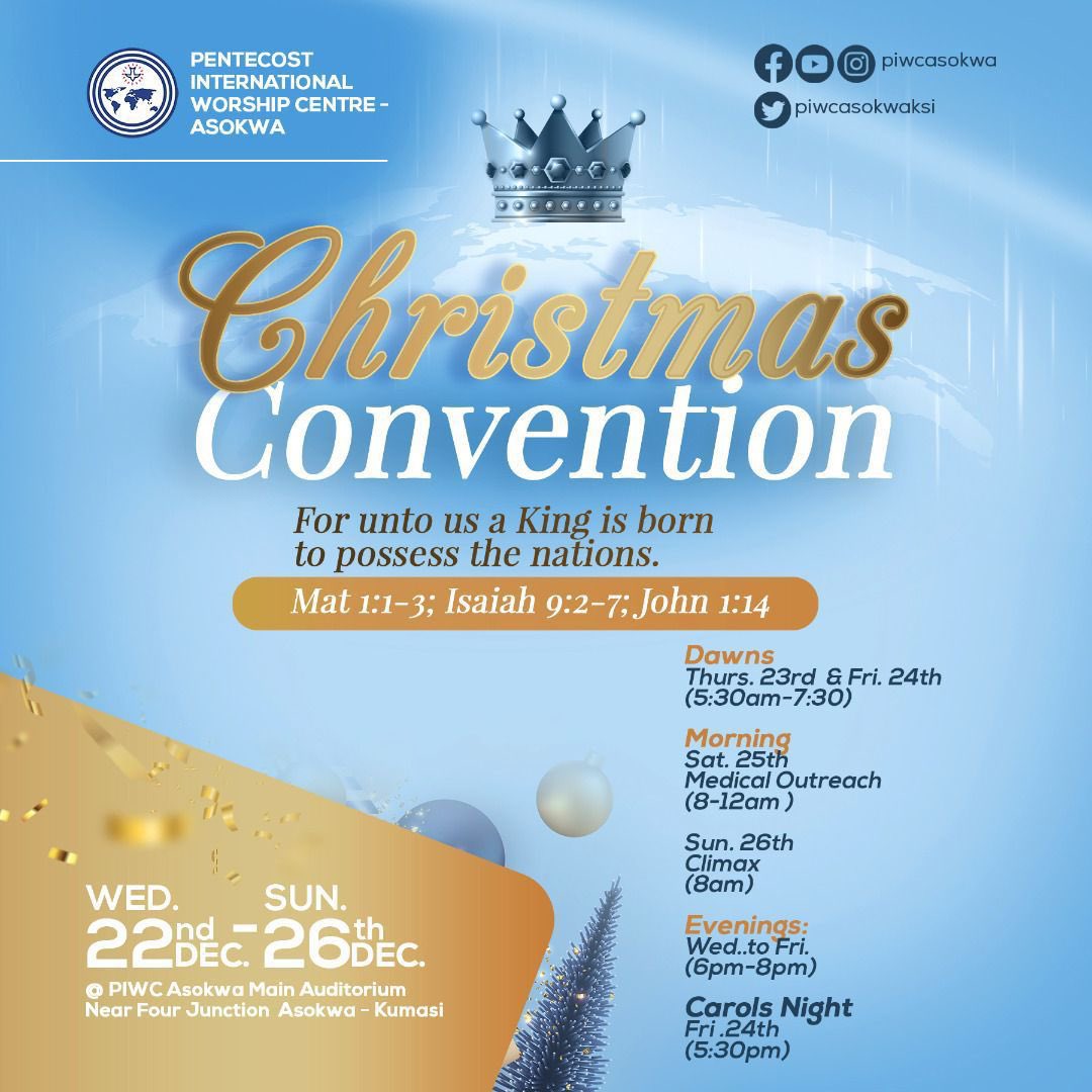 jbuert's tweet photo. 3 Days more for the commencement of Christmas Convention 2021 @piwcasokwaksi. Evening sessions on Wednesday, Thursday and Friday @ 6pm. Dawn sessions on Thursday and Friday. Saturday is medical outreach @ 8am. Sunday is joint climax at 8am, come let’s celebrate the new born king https://t.co/0j514aue60