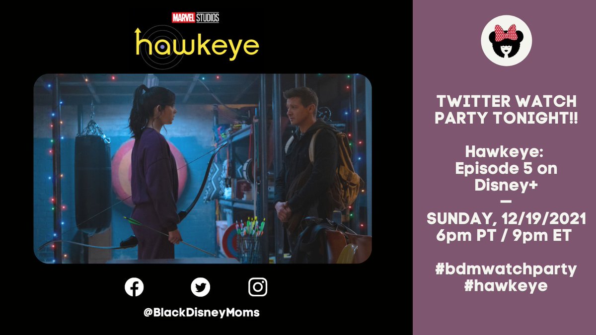 blackdisneymoms's tweet photo. Can you believe the #HawkeyeSeries is ending soon? Join us tonight at 6pm PT/9pm ET for our #BDMWatchParty on @Disneyplus! #Hawkeye #Hawkettes Follow along and chat with our admins: @camilledashana @shayewyllie @AmiyrahMartin @TanayMichele https://t.co/tOgwMJP9y7