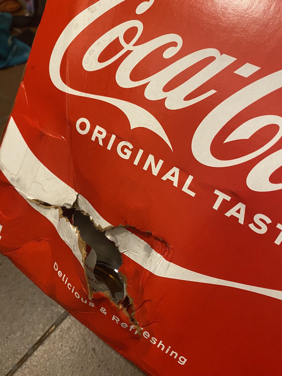 nclshly's tweet photo. @Tesco hi! We noticed that our crate of coke was wet at the bottom upon delivery but somehow missed this gaping hole in one of the cans. Do I have to take the crate back to store? We don’t drive 😬 thanks ☺️ https://t.co/xS1UC6PaSn