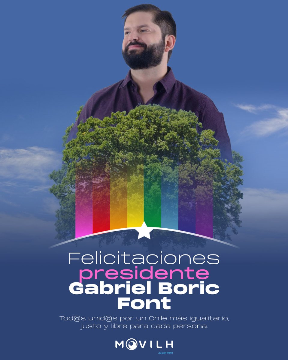 Movilh's tweet photo. Chile ya habló. Felicitaciones presidente @gabrielboric.   👏👏👏🏳️‍⚧️🌈🇨🇱 Avanza la democracia, la igualdad, la justicia y la no discriminación #EleccionesChile2021 #BoricPresidente. https://t.co/cR3wu5kg8g