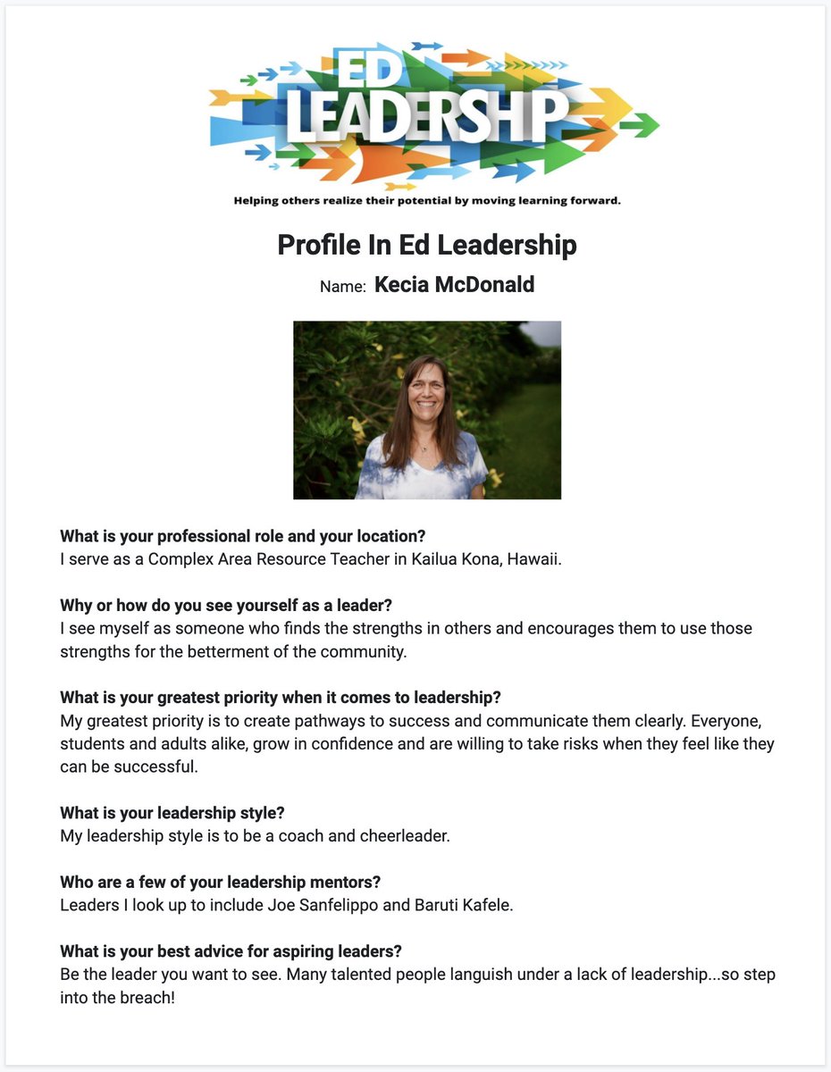 Please join me in celebrating Kecia McDonald 
<a href="/mcdonald_kecia/">Kecia McDonald 🌺 she/her</a> , in Kailua Kona, Hawaii &amp; her Profile in Ed Leadership! #PEdL

She's a coach &amp; a cheerleader for educators, who helps them tap into their strengths &amp; find pathways to success.

sites.google.com/view/gratefule…

Kindly RETWEET.