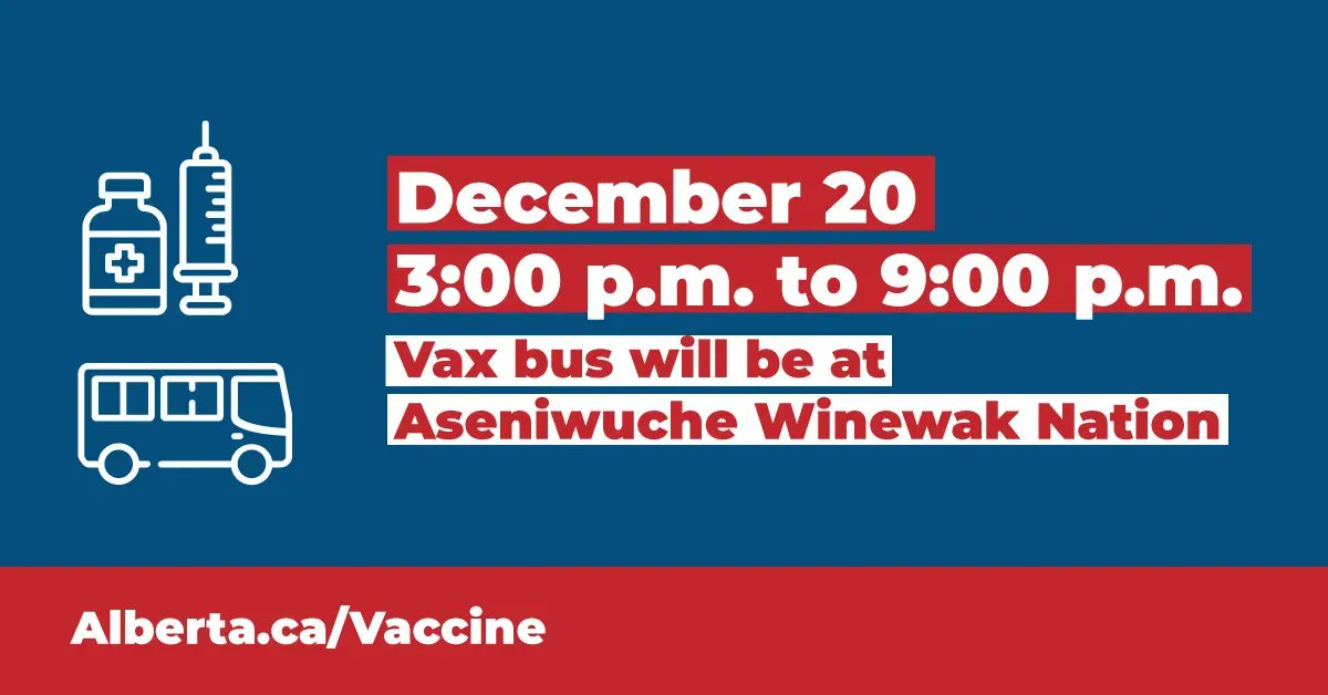 JasonCoppingAB's tweet photo. The #VaxBus will be at Aseniwuche Winewak Nation on December 20th, 3pm - 9pm.
This is a great opportunity to get a #COVID19AB shot!
For more information on eligibility and alternative locations, check out https://t.co/2y9p5vqBZl or follow @ab_vax. https://t.co/WIvF0zRM81