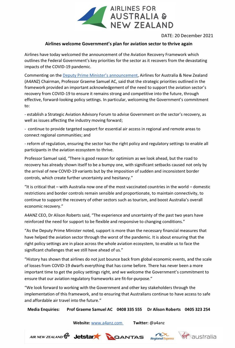 With a challenging recovery ahead, there’s never been a more important time to ensure fit-for-purpose policy and regulatory settings across the whole aviation ecosystem. We welcome the announcement of the Aviation Recovery Framework to support the aviation sector to thrive again.