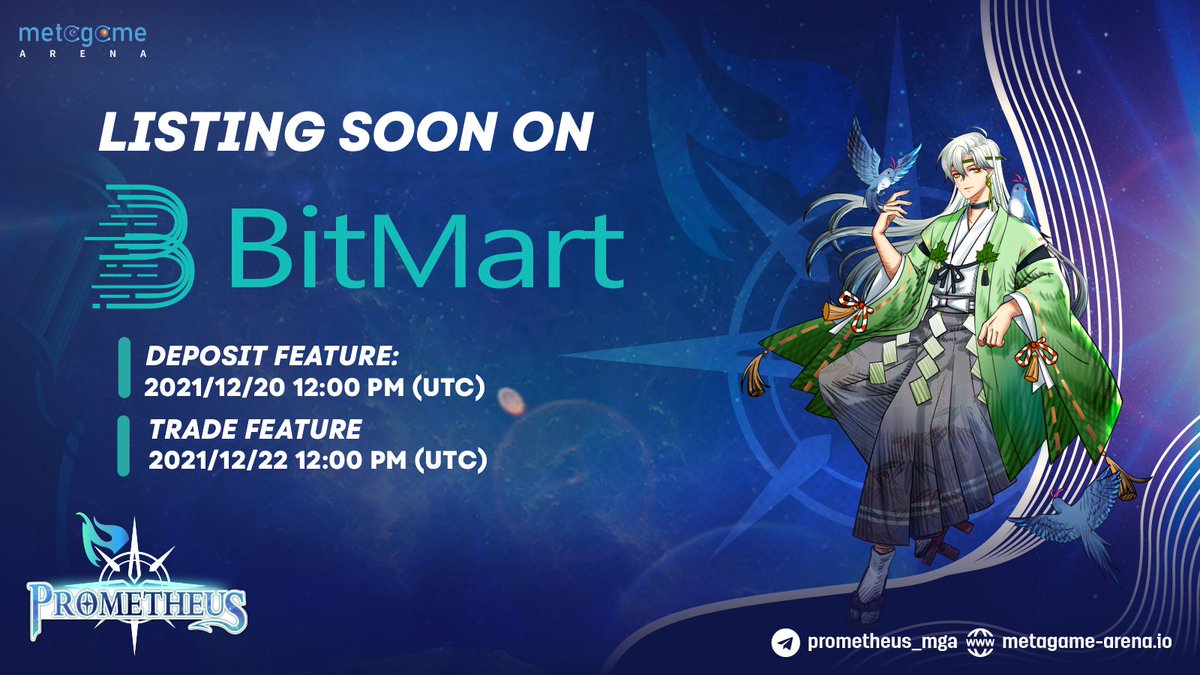 PromethMetagame's tweet photo. #NewListing🎉
We are pleased to announce that we will be listed on @BitMartExchange.

Listing informations
💵Deposit feature: 2021/12/20 - 12:00 PM (UTC)
🔀Trade feature: 2021/12/22 - 12:00 PM (UTC)

🕵️‍♀️Details: https://t.co/SEqemJ9xOE

Happy Trading!

#Prometheus #BitMart #GameFi https://t.co/NAQ3nvIPvm