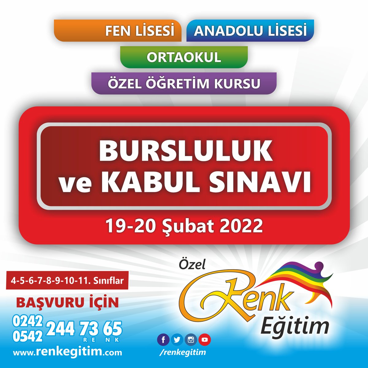 renkokullari's tweet photo. Bursluluk ve Kabul Sınavı
4-5-6-7-8-9-10-11. Sınıflar
Başvuru için: https://t.co/rOpsPyqf7K

Renk Bursluluk ve Kabul Sınavı Sonuçları; Renk Okulları, Renk Özel Öğretim Kursu ve Yaz Programları için referans teşkil edecektir. https://t.co/FavR6AM5VZ