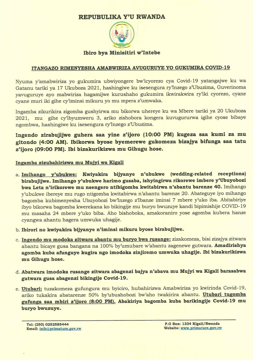 PrimatureRwanda's tweet photo. Itangazo riturutse mu Biro bya Minisitiri w'Intebe ku Mabwiriza avuguruye yo kwirinda COVID-19 https://t.co/w2pFjy6bQ1