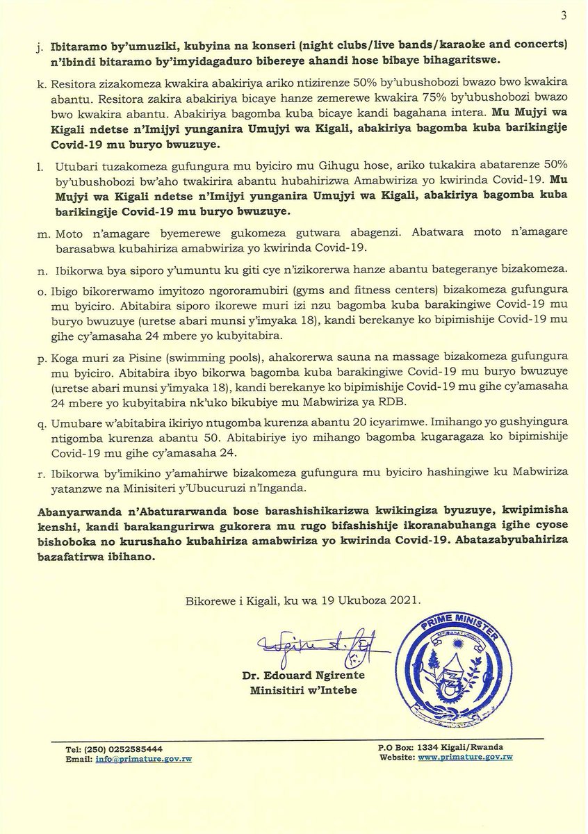 PrimatureRwanda's tweet photo. Itangazo riturutse mu Biro bya Minisitiri w'Intebe ku Mabwiriza avuguruye yo kwirinda COVID-19 https://t.co/w2pFjy6bQ1
