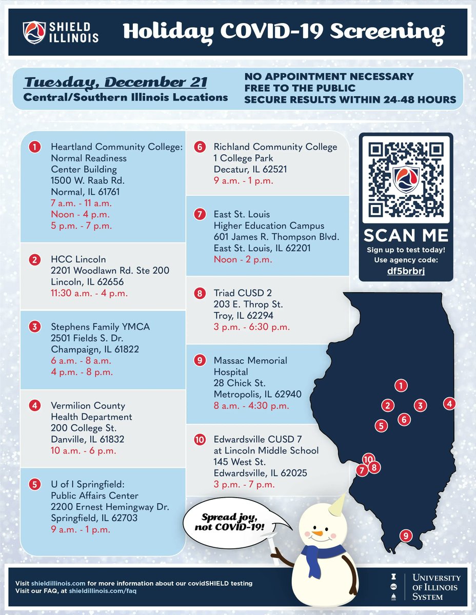 SHIELDIllinois's tweet photo. This Tuesday, you can get a free PCR COVID-19 test at any of our community sites. No appointment needed. Results in under 48 hours.

Do your part to stop the spread of COVID-19 and get tested before the holidays.
https://t.co/dfTRjah4QZ https://t.co/P4mX6BF7BP