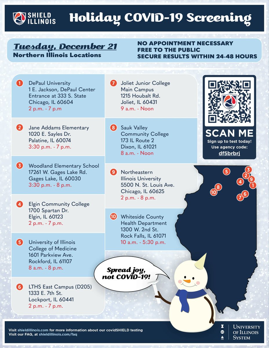 SHIELDIllinois's tweet photo. This Tuesday, you can get a free PCR COVID-19 test at any of our community sites. No appointment needed. Results in under 48 hours.

Do your part to stop the spread of COVID-19 and get tested before the holidays.
https://t.co/dfTRjah4QZ https://t.co/P4mX6BF7BP