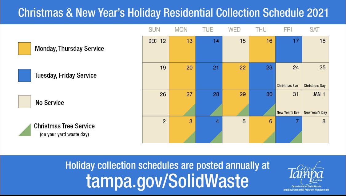 CityofTampa's tweet photo. ⚠️ HOLIDAY SOLID WASTE SCHEDULE ⚠️ 

Residential Customers who receive collection Thursday or Friday will receive service ONE DAY EARLY for the weeks of Christmas and New Year’s.

See the schedule below and learn more at: https://t.co/Q4xMSuwykr https://t.co/JqVFQ60I3g