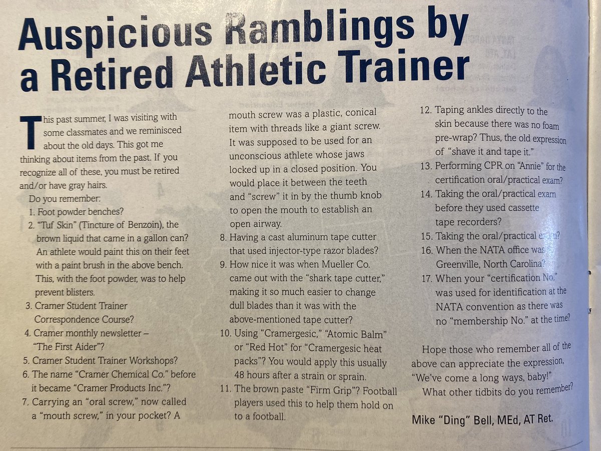 Finally got around f to reading the Nov. NATANews. Great memories of the impact <a href="/CramerSportsMed/">Cramer Sports Medicine</a> has had including the First Aider. I was fortunate enough to edit the last few issues and it was the first place I ever published an article. And I even carried an oral screw with me!