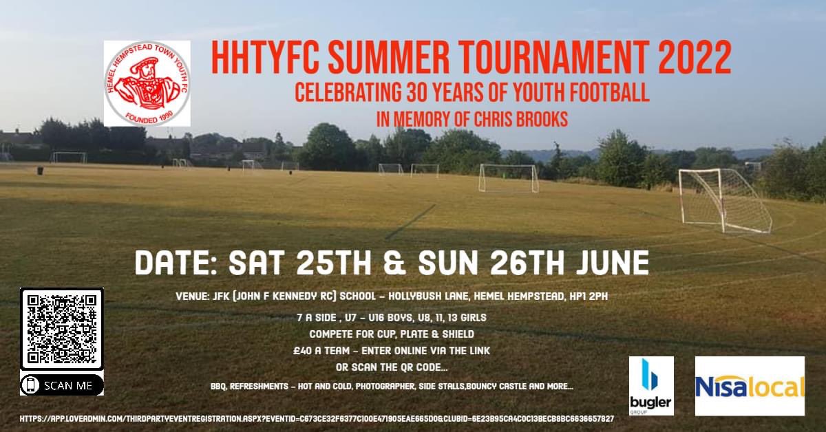Our 13th Tournament will take place on June 25th & 26th at JFK Secondary School, 7-a-side-Cup, Plate and Shield format open to boys teams up to U16 and Girls U8,11 & 13. £40 to Reg, please scan the QR code. @hemelfc @HemelEja @HHTLFC @JPProFootball @nisacrabtree @Bugler_Devs