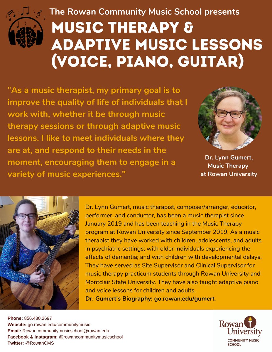 Introducing Music Therapy and Adaptive lessons for voice, piano, and guitar at Rowan CMS with Dr. Lynn Gumert! Contact Us at go.rowan.edu/contactus. Dr. Gumert’s Biography: go.rowan.edu/gumert. #rowancms22 #rowancmsproud #musictherapy #musiceducation