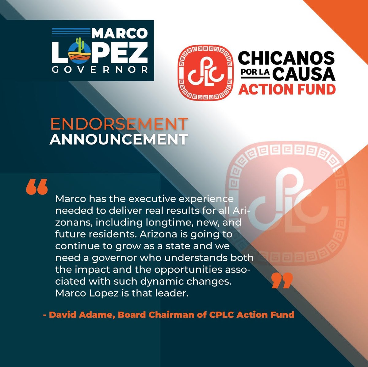🚨HUGE NEWS!🚨 I’m honored to have the support of @CPLC_ActionFund! I’m running for governor to restore the promise of Arizona and build a state where everyone has the opportunity to succeed, no matter who they are, where they're from, or what their background is. ¡Únete!