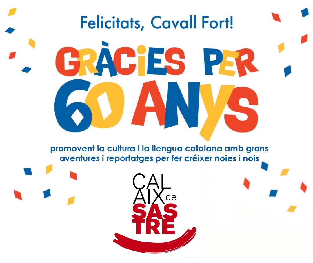 La revista <a href="/cavallfort/">Cavall Fort</a> ha fet 60 anys!!
Gràcies per 6 dècades promovent cultura i llengua catalana amb grans aventures, reportatges i jocs per fer créixer noies i nois. Ànims en la nova etapa!!
Molts felicitats!!🎉