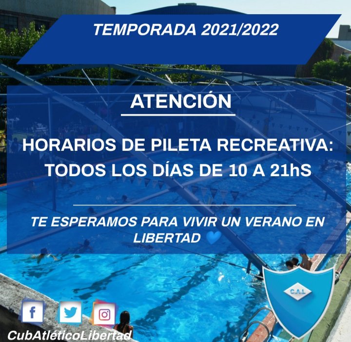👉RECORDAMOS LOS HORARIOS DE LA PILETA RECREATIVA: TODOS LOS DÍAS DE 10 A 21🏊🏾‍♂️🏊🏻‍♂️🏊🏾‍♂️💙
#VamosLibertad 
#101años 
#temporada2022