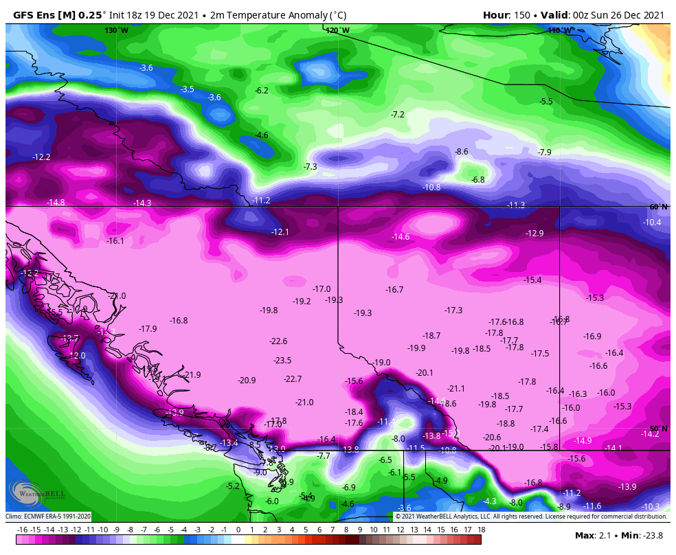 50ShadesofVan's tweet photo. We have the confidence to highlight the threat of a potentially deadly coldwave into Xmas, spilling into next week. Emergency management officials: there's ample time to prepare shelters, warming centres with temps >10°C below average at the coast and >20°C below inland. #BCcold https://t.co/xQIzmI9Wp4