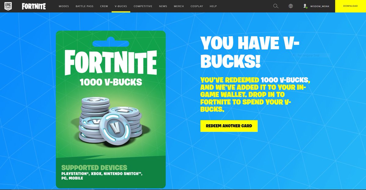 Wisdom_Wonk's tweet photo. Thank you @GlexServices & @Pyrogivess for the 1000 V-Bucks! #glexlegit #pyrogives https://t.co/gjwQ1D7laA