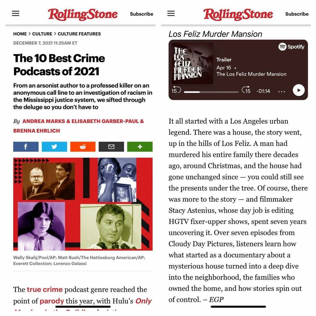 LFMM_Podcast's tweet photo. A Christmas gift for us? This feature in Rolling Stone for one of the best true crime podcasts of 2021! 🎅🏻🎁

#losfelizmurderhouse #losfelizmurdermansion #thelosfelizmurdermansion #thelosfelizmurdermansionpodcast #christmas #christmasmurder #losangele… https://t.co/yhQbXmbxBE https://t.co/lXuzpnLMXQ