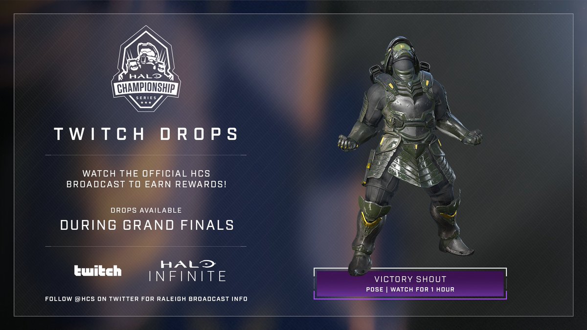 HCS's tweet photo. Join us for the @HCS Kickoff Major Grand Finals and earn exclusive #HaloInfinite loot!

Tune in for 1 Hour to unlock the "Victory Shout" stance!

https://t.co/e5eEleh4IW | https://t.co/zEAg7S6F2W https://t.co/bhtpRmJiAM