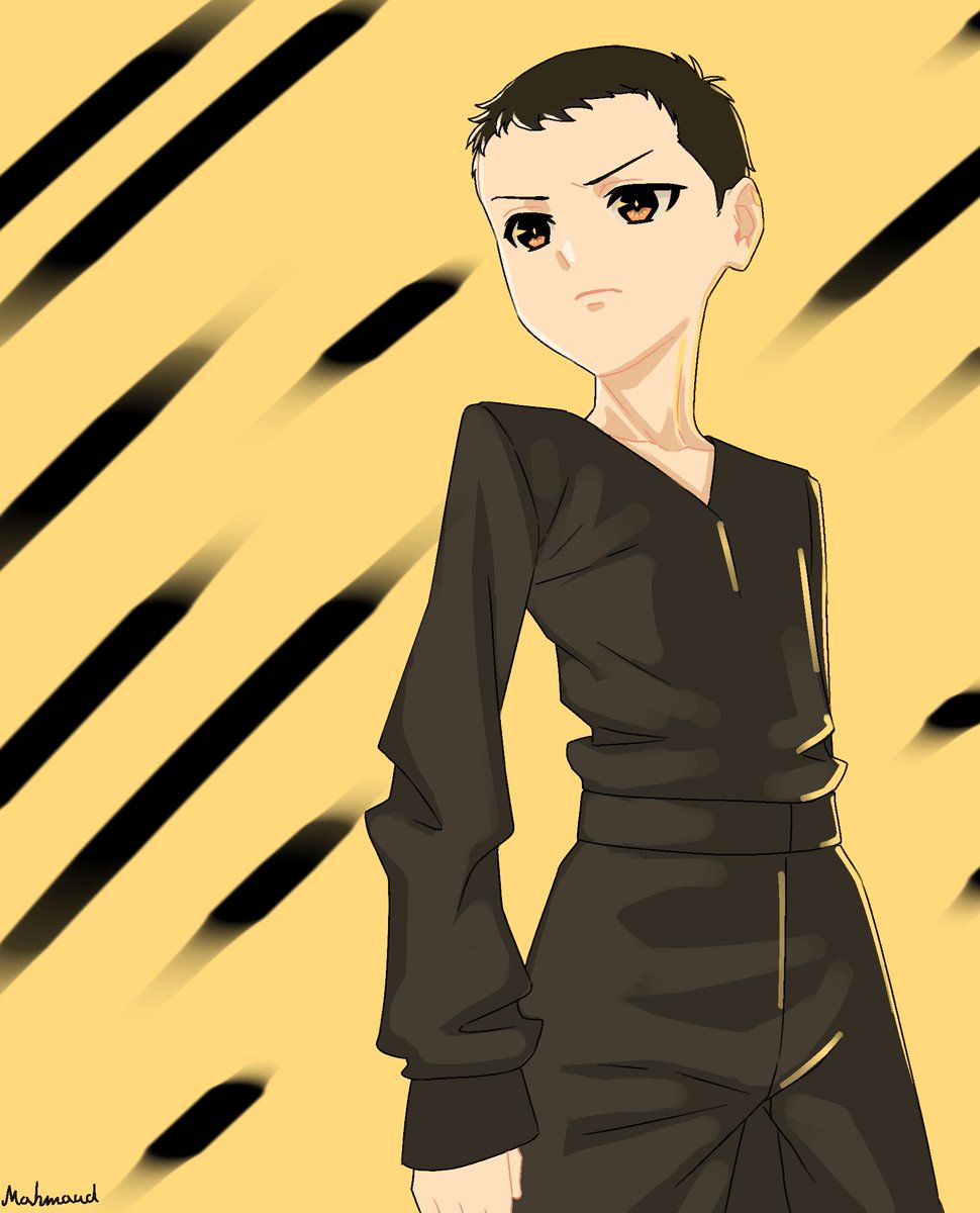 1boy male focus solo brown eyes black hair yellow background long sleeves  illustration images