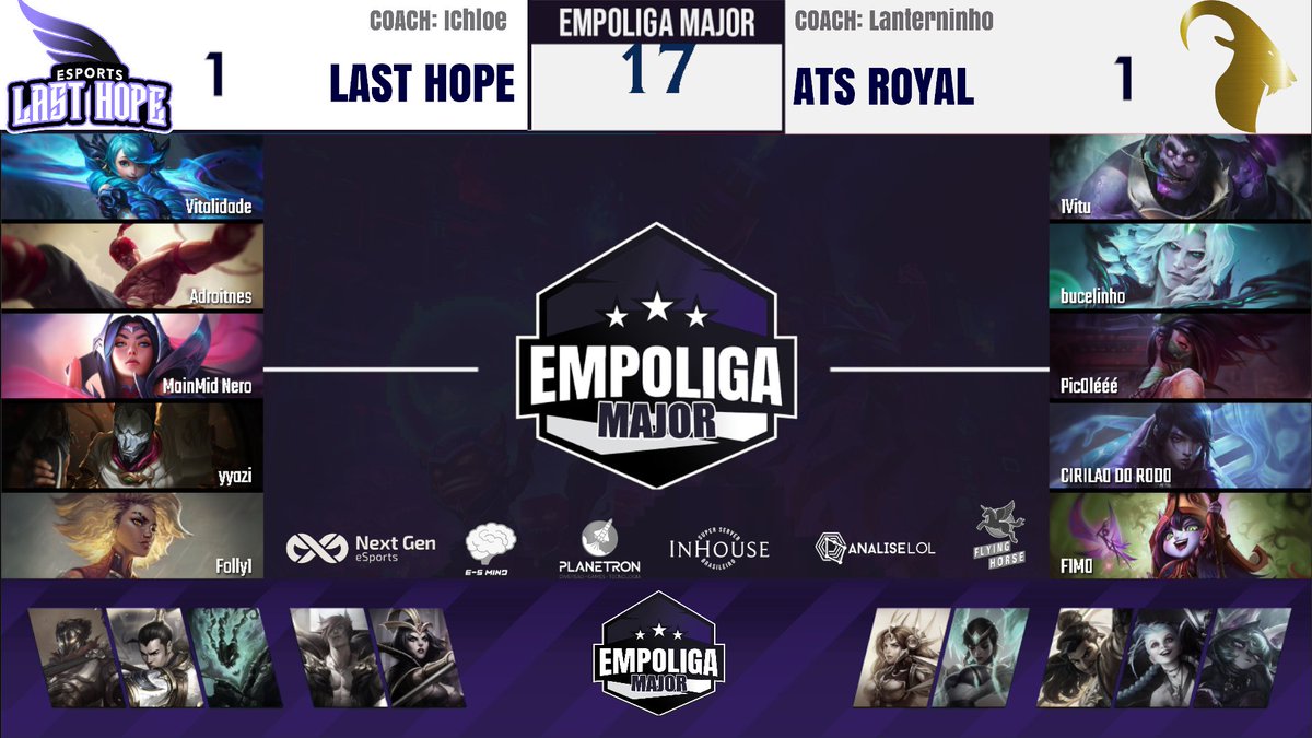 EmpoligaVP's tweet photo. Vamos para o Jogo 3 da Final! 

#LastHope 1x1 @ATSEsports_ Royal

Se liga no Draft da terceira partida! 

#CopaMajor #EmpoligaMajor 
🎙️@Anyazita_
📣@caiotn / @CoachBolha

📺https://t.co/yLHOUwyPVr https://t.co/TEfej702B3