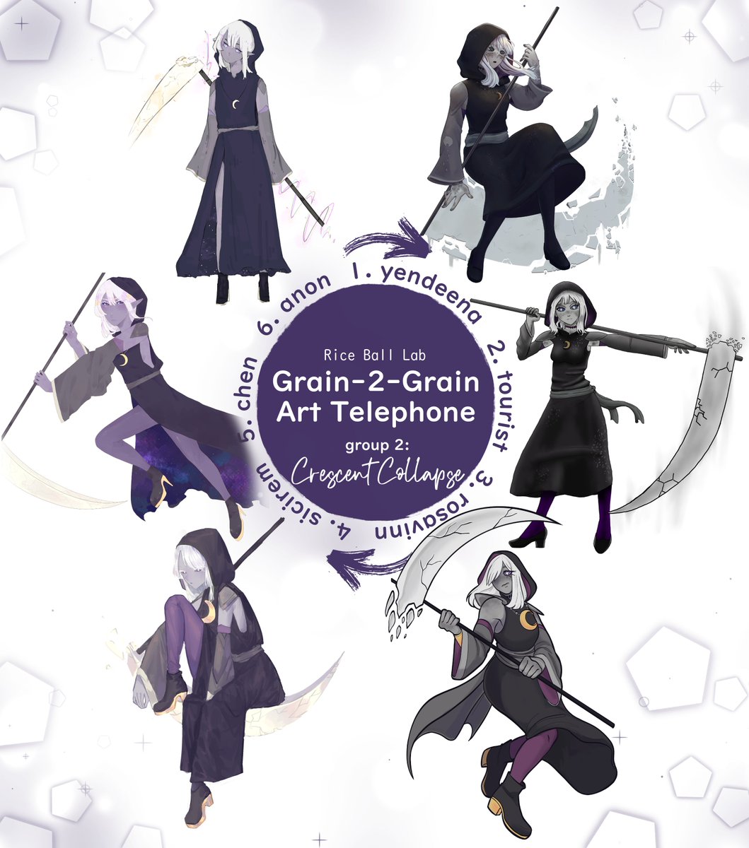 another round of art telephone with the prompt crescent collapse, hosted by @chiptzel /me:
artists:
@yendeena @WeekendWendigo @grimsleal @sicirem1 @_pkuchen and anon 