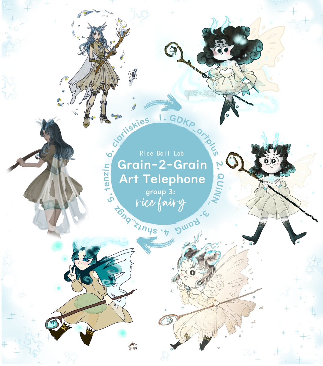 3rd group of the art telephone event with the prompt  rice fairy
artists:
@GDKP_ArtPlus @wuffo_ @slothonthemoon @ shutz_bugz (instagram) @pppeachiel @clarity1008 