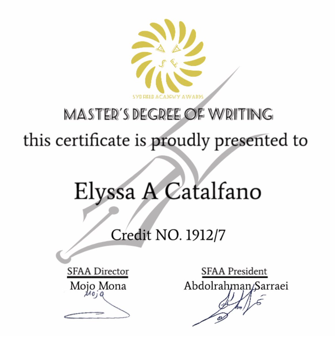 Kittycat03191's tweet photo. Just got my certificate for Master Degree Of Writing from Syd Field Academy Awards! 🏅😊

#sydfilmfest #sydfieldacademyawards #screenwriting #dramaticwriting #certificate #award #masterdegree https://t.co/9nBG5cIye0