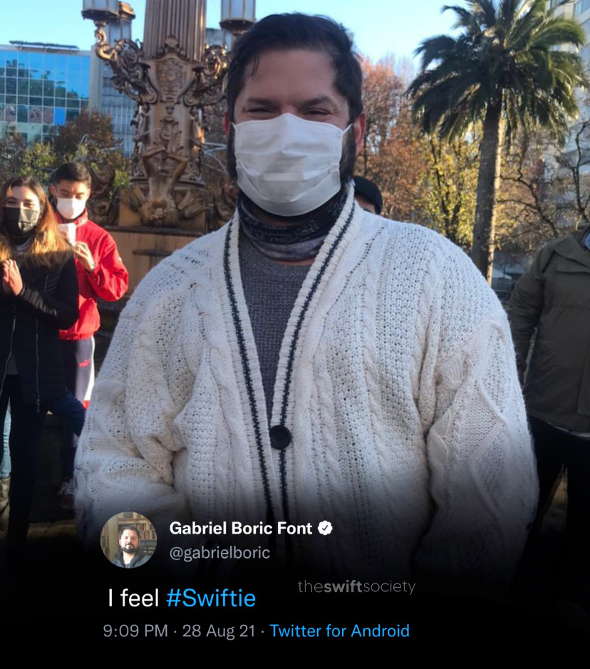 TheSwiftSociety's tweet photo. 🚀 FUN FACT: The Swiftie candidate for the presidency of Chile, @gabrielboric has won the elections! 🇨🇱

He shares that he discovered @TaylorSwift13 during the pandemic and that his favorite album is "Folklore." https://t.co/683H746hhK