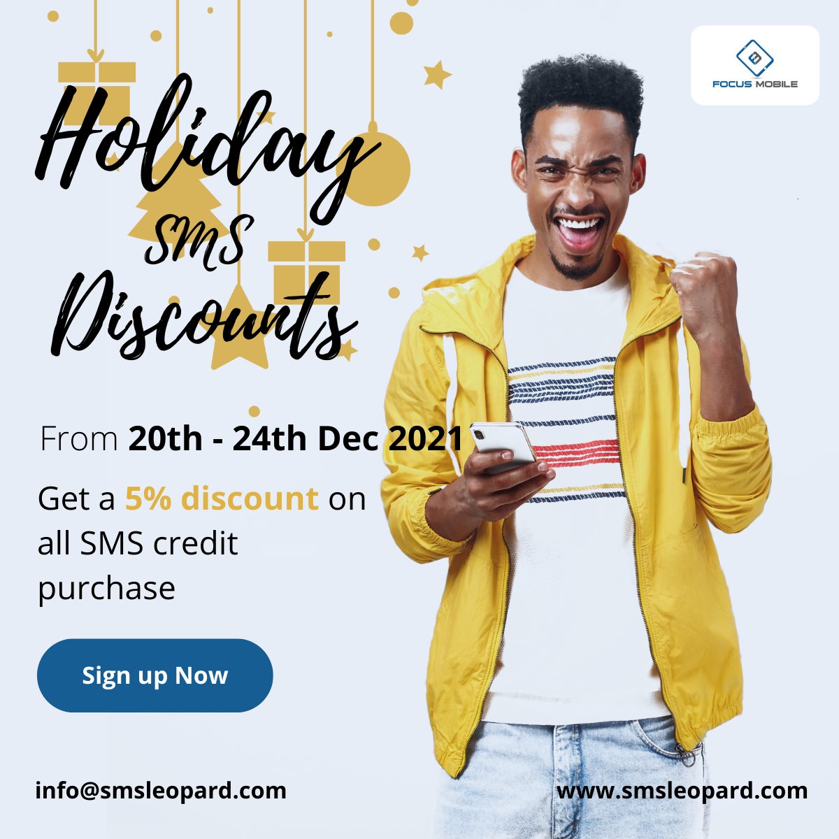 SMSLeopard's tweet photo. Trying to engage more with your customers this holiday? Our #holidaydiscount offer is here to help! Get 5% discounts on all purchased credits from the 20th to the 24th of December. Register today: https://t.co/aXpU460gRM #SMSLeopard #SimplySMS #smallbusiness #HappyHolidays https://t.co/vLC8fXzINl