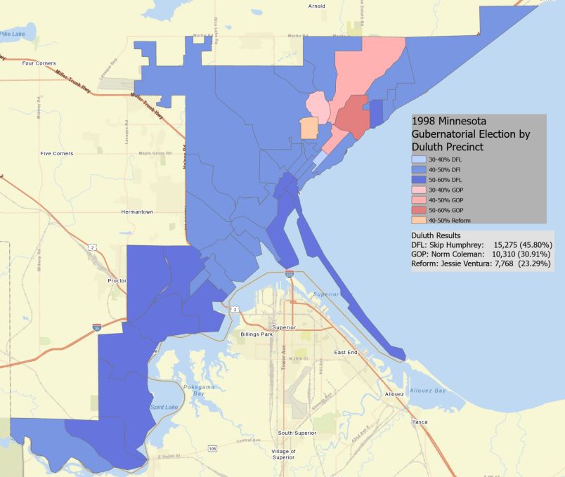 MinnesotaMapper's tweet image. The 1998 Minnesota Gubernatorial Election brought a political outsider, Jessie Ventura, to office. Ventura did best in the twin cities, only finishing third in the City of Duluth. The east end region (Congdon, and Hunters Park neighborhoods) gave their biggest support to the GOP.