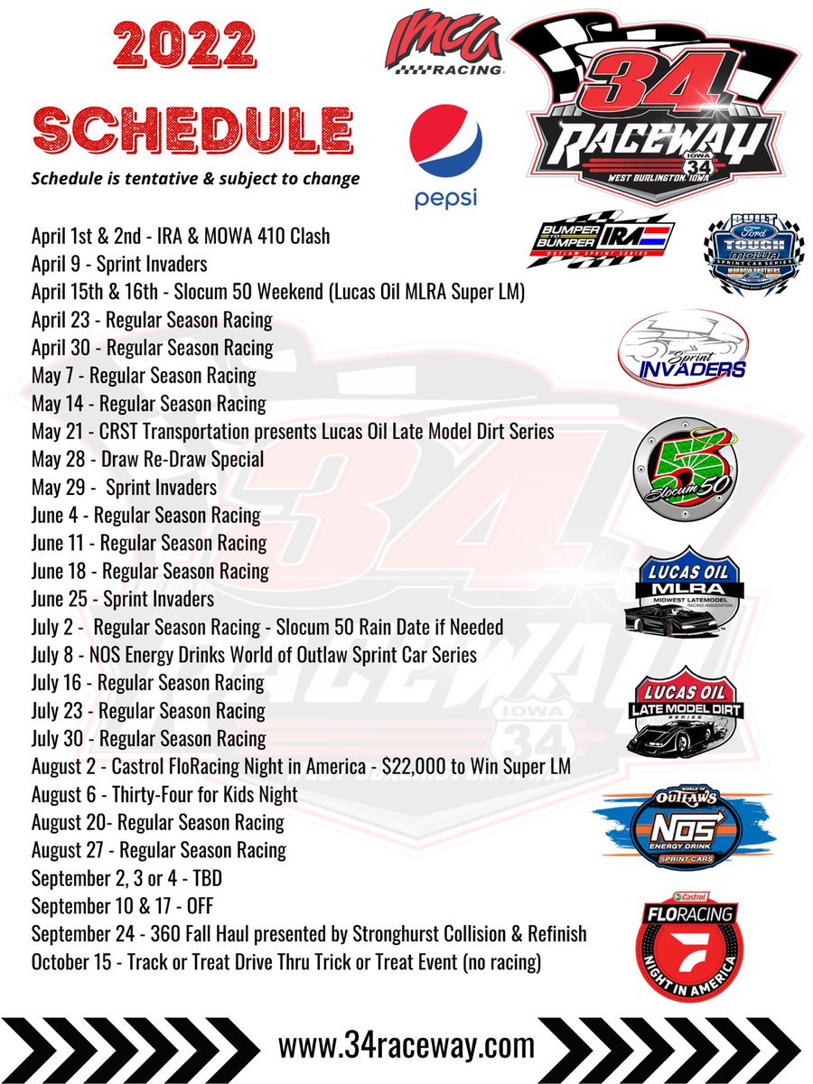 🔥Here’s the first look at the 2022 schedule for 34 Raceway. 

📆As traveling series release their schedules in the coming months, we will firm up weekly classes. All classes from last season are returning in 2022. 

Thank you all for the continued support of 34 Raceway!