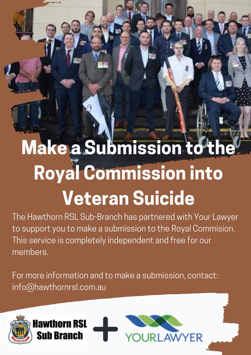 HawthornRsl's tweet photo. @HawthornRsl  has partnered with YOURLAWYER to assist with your submission to the RC. This is totally independent and free for members and supporters. We understand a RC can be difficult to submit so assistance is available. @roycommDVSRC @RSL_Australia @DVAAus https://t.co/zSUJ7VjNPa