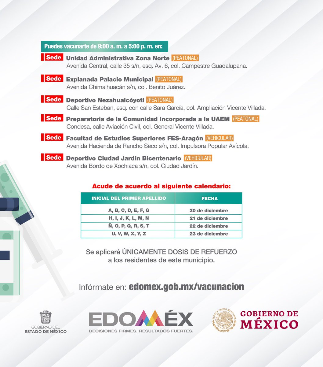 alfredodelmazo's tweet photo. Del 20 al 23 de diciembre aplicaremos la dosis de refuerzo a los adultos mayores en #Nezahualcóyotl. #EstrategiaDeVacunación https://t.co/2bnobIiSoP