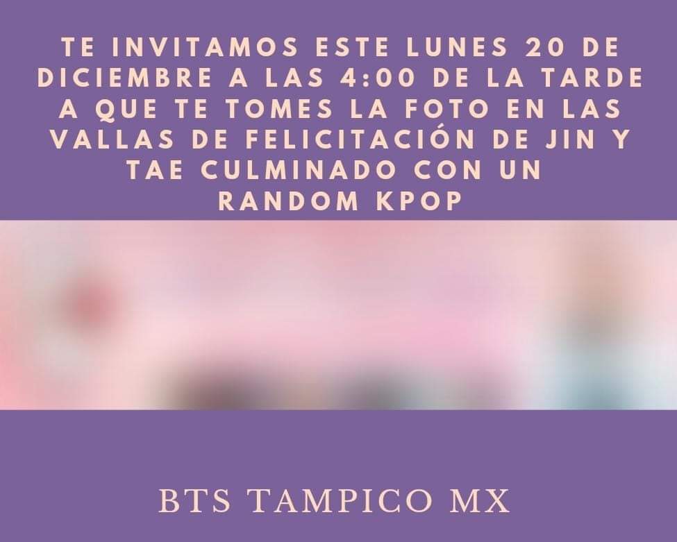 BTStampicoMX's tweet photo. Army te invitamos a asistir a la inauguración de las vallas de Jin y Tae en Tampico Tamaulipas las cuales estarán expuestas un mes apartir de mañana donde 
Culminaremos con un random y concursos. 

Dia: 20 de Diciembre 2021
Lugar Av. hgo frente a plaza palmas 
Hora :4pm https://t.co/1mEDtbiyOj