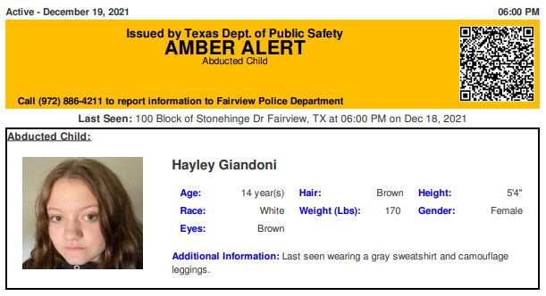 TX_Alerts's tweet photo. ACTIVE AMBER ALERT for Hayley Giandoni from Fairview, TX, on 12/19/2021 https://t.co/UhXv0kHSSI