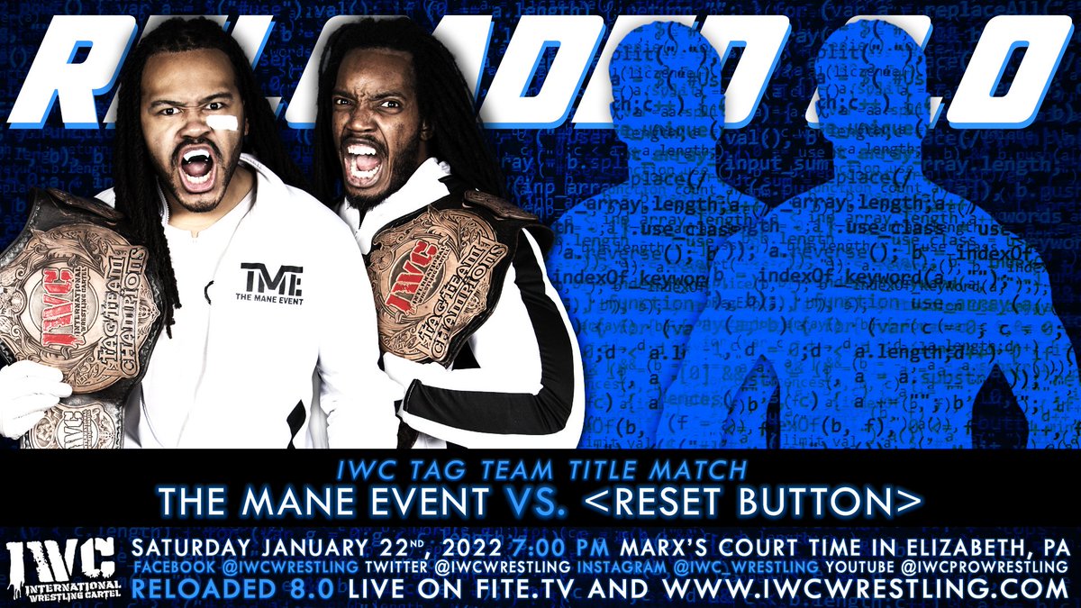 IWCwrestling's tweet photo. In 2022, we are starting anew! Rankings are RESET as all IWC Championships will be defended vs. randomly selected mystery opponents! Who will show up this year?!

Tickets for the most unpredictable night in all of wrestling are on sale NOW at https://t.co/tzhhCLM8Vu

Or @FiteTV https://t.co/BdfIwidFKe