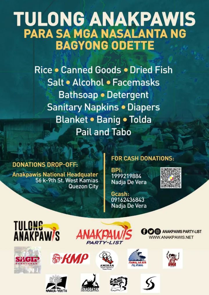 75 reported deaths, thousands of families displaced and at least P5 billion worth of total damages brought about by #TyphoonOdettePH. Let's donate what we can to provide for the immediate needs of affected farmers, agriworkers and fisherfolks.

#TulongAnakpawis
#ReliefPH