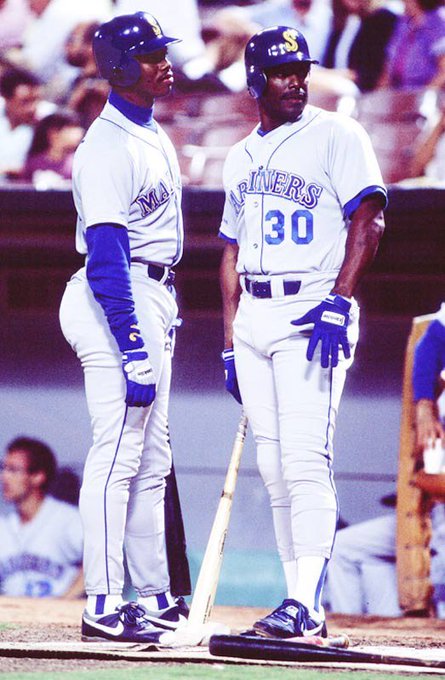 baseballinpix's tweet image. Ken Griffey Jr. and his dad playing with the Mariners, 1989