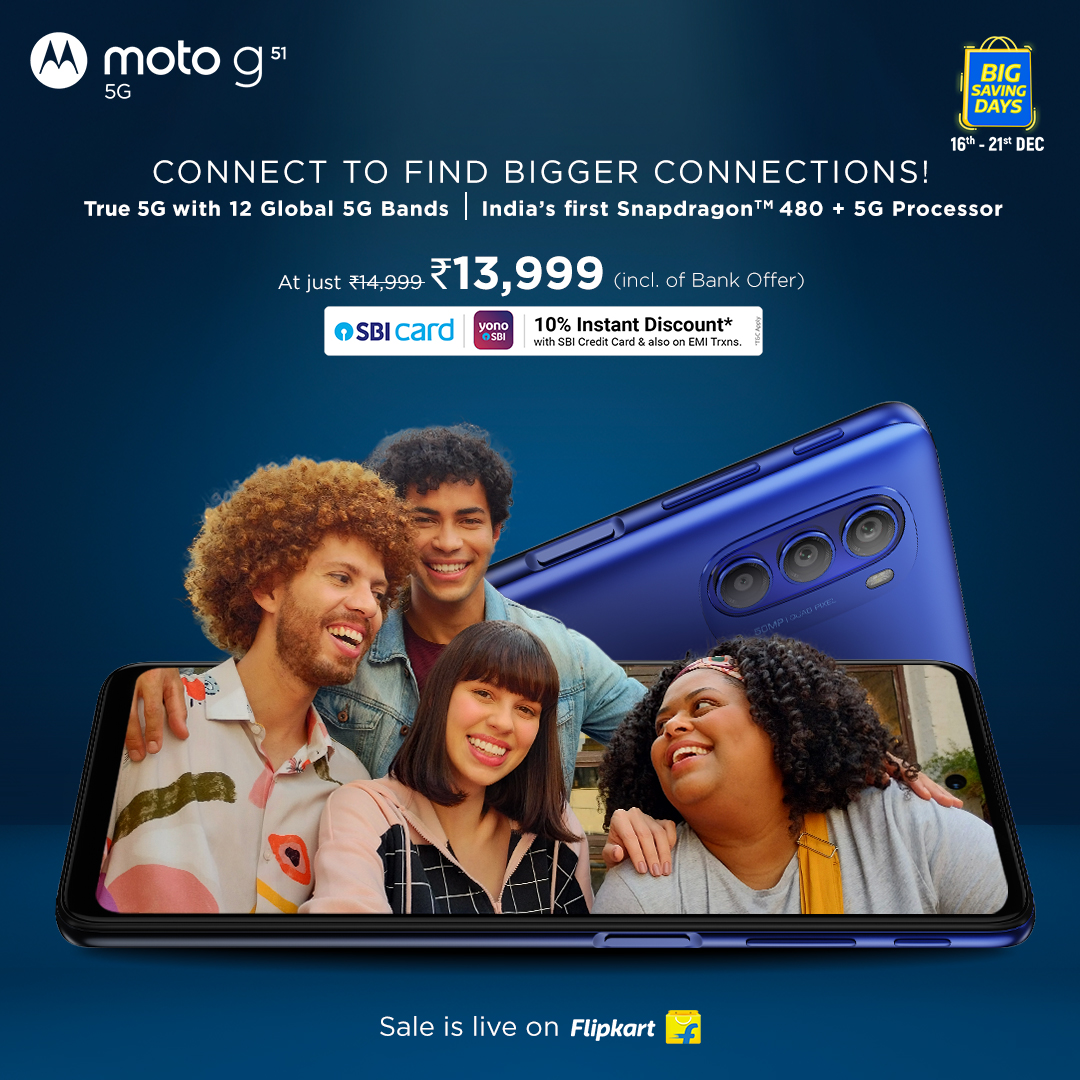 motorolaindia's tweet photo. Create, connect &amp; collaborate with the world using the new #motog51 5G. It has 12 Global 5G Bands, India’s First Snapdragon™ 480+ 5G Processor &amp; more to keep you future ready. Head to @Flipkart and #GoTrue5G at just ₹13,999 (Incl. of Bank Offer) #gomotog https://t.co/8PtA7TnV8b https://t.co/4hyPuEEta7
