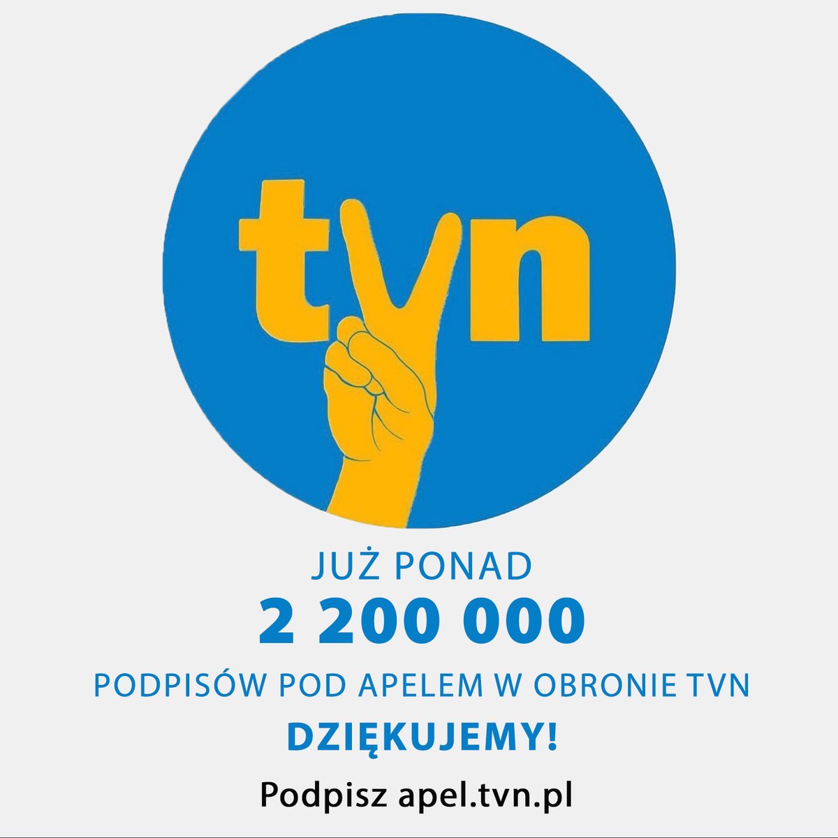 tvn24's tweet photo. #PILNE | 2,2 miliona podpisów znalazło się do poniedziałkowego poranka pod apelem w obronie TVN. Za wszystkie podpisy serdecznie DZIĘKUJEMY!

📢 Prosimy o podpisanie apelu: https://t.co/vqFxWLI3NC.

https://t.co/KVZzjV0nEC https://t.co/1QdlPWqPE6