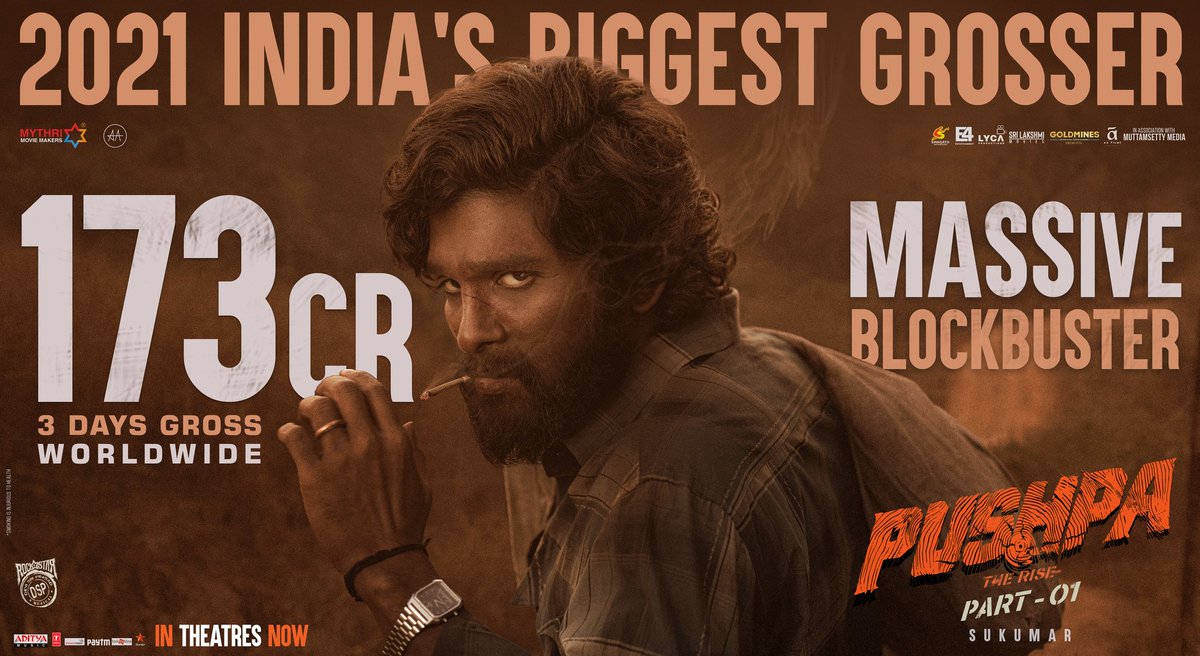 MythriOfficial's tweet photo. Pushpa Raj rage at the Box Office continues 🔥🔥

MASSive 173 CR 3 days Gross Worldwide for #PushpaTheRise  🔥🔥

#PushpaBoxOfficeSensation

@alluarjun @iamRashmika @aryasukku @ThisIsDSP @adityamusic @TSeries @PushpaMovie https://t.co/8UyzaZCEXv