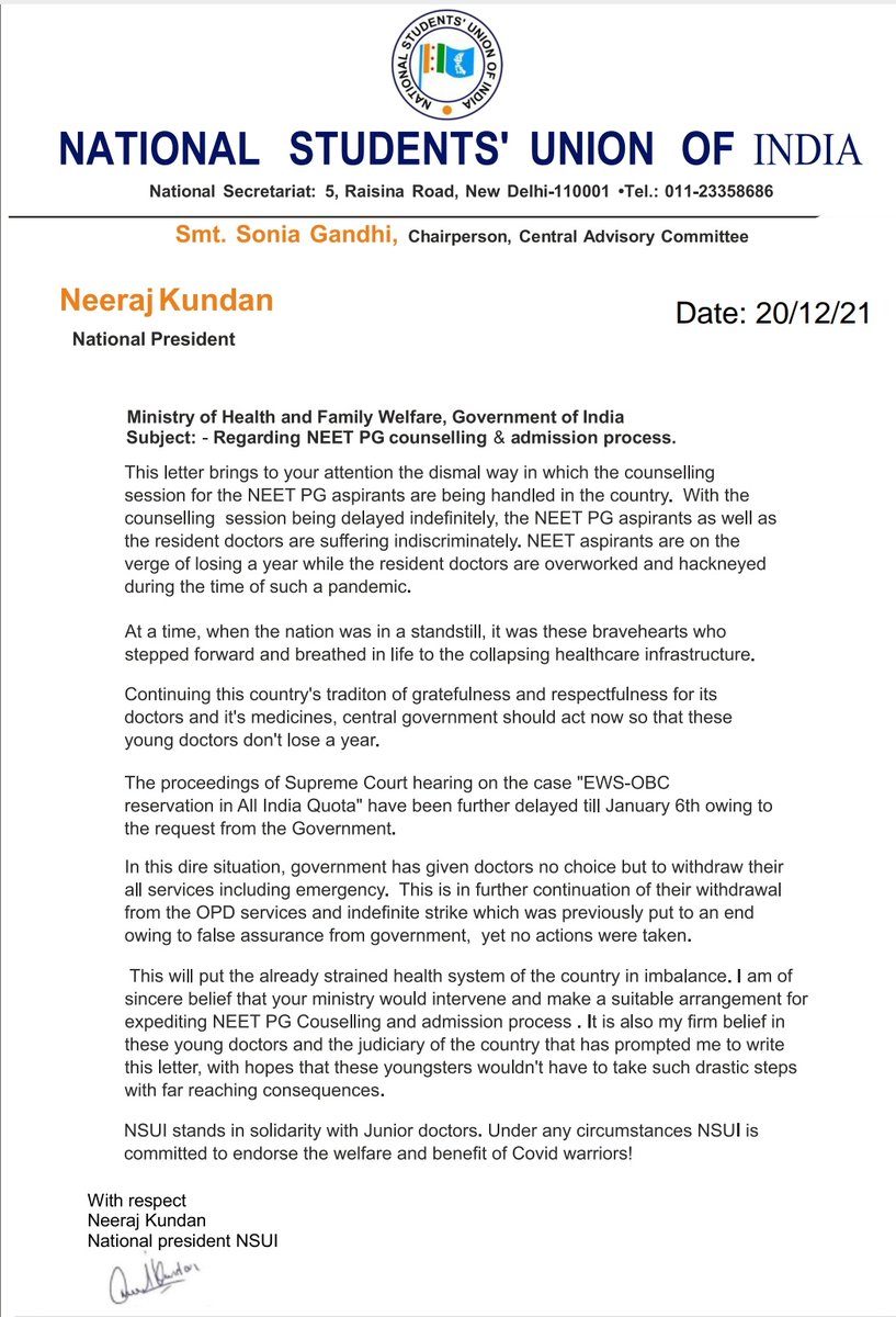 Neerajkundan's tweet photo. Wrote a letter to the Ministry of Health &amp; Family Welfare for bringing their concern on the dismal way of counselling session of NEET PG aspirants through which they’re going.

Also urged to make suitable arrangements for expediting this counselling &amp; admission process.
#NEETPG https://t.co/QcrDPTnS1e